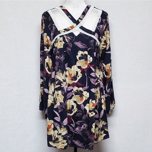 ANTHROPOLOGIE Entro Blue Purple Boho Floral Flare Sleeve Keyhole Swing Dress - Picture 2 of 13